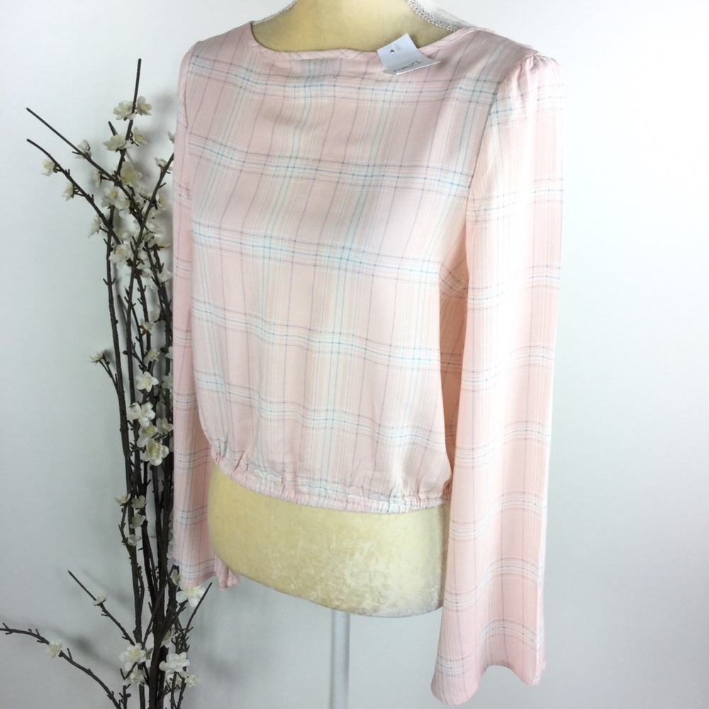 Rue 21 Pink Plaid Bell Sleeve Faux Wrap Crop Top